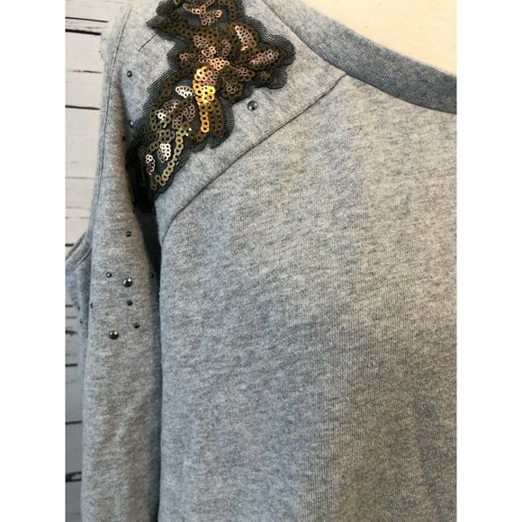 Shyanne Medium Country Pullover Sweatshirt Shirt cold shoulder Sequins Gray - Picture 3 of 11